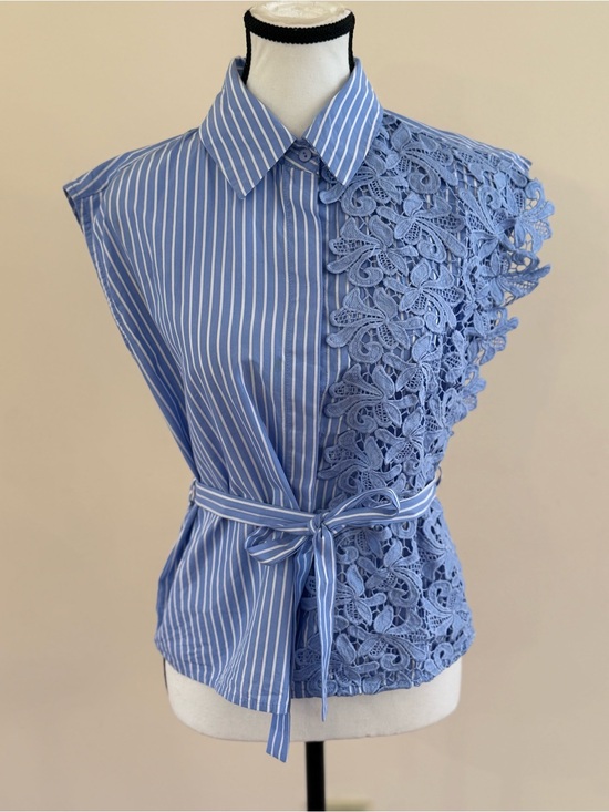 FRNZY Tops - Blue Striped Button-Up Shirt with Lace Appliqué and Tie Waist size Small